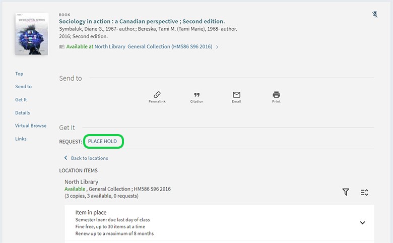 Book record with highlighted Place Hold tab with item availability and borrowing policy details