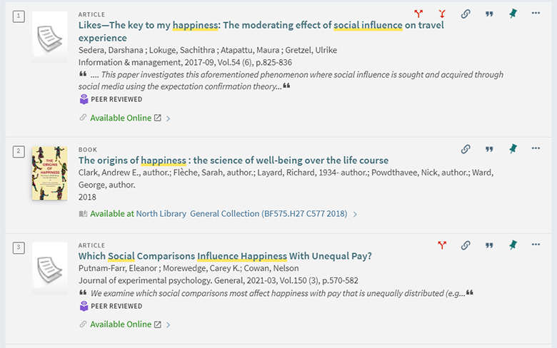 Screen view of 3 search results - 2 online articles and 1 print book